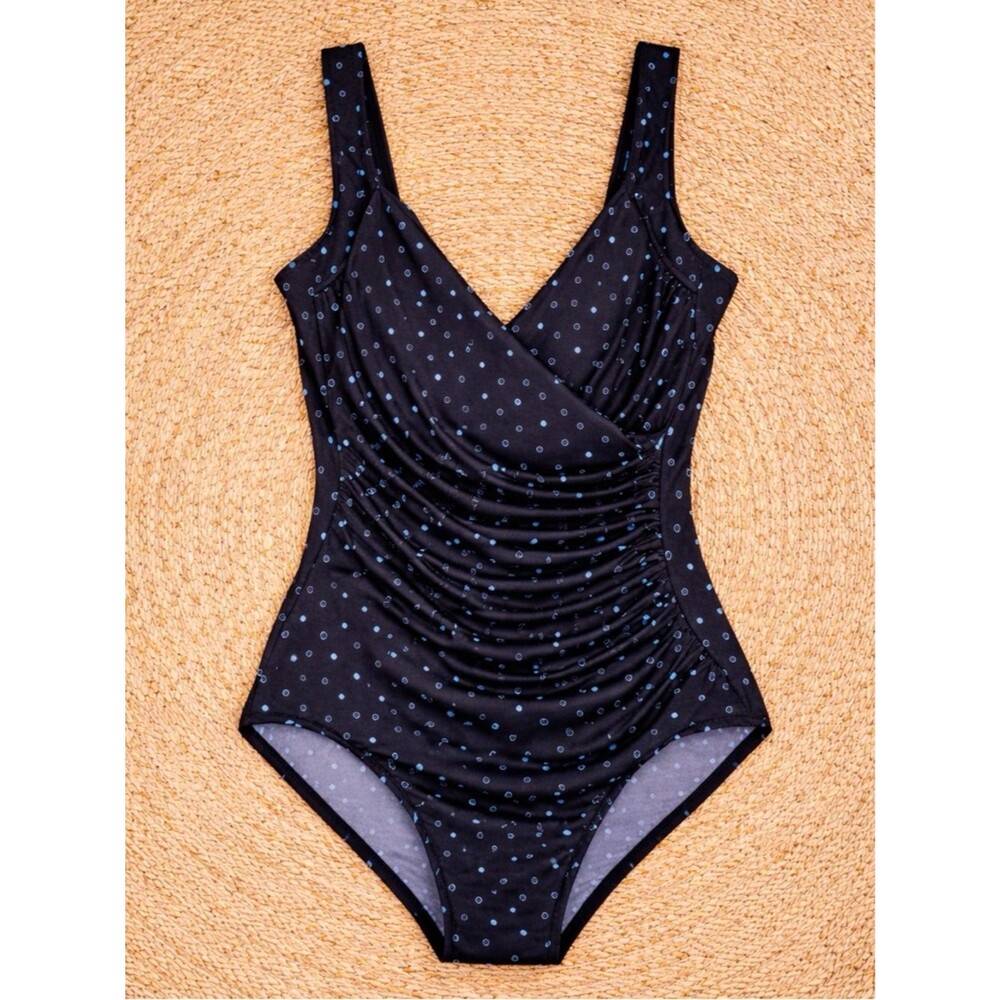 Miraclesuit Black Blue Polka Dot One Piece Swimsuit Tummy Control Underwire 14